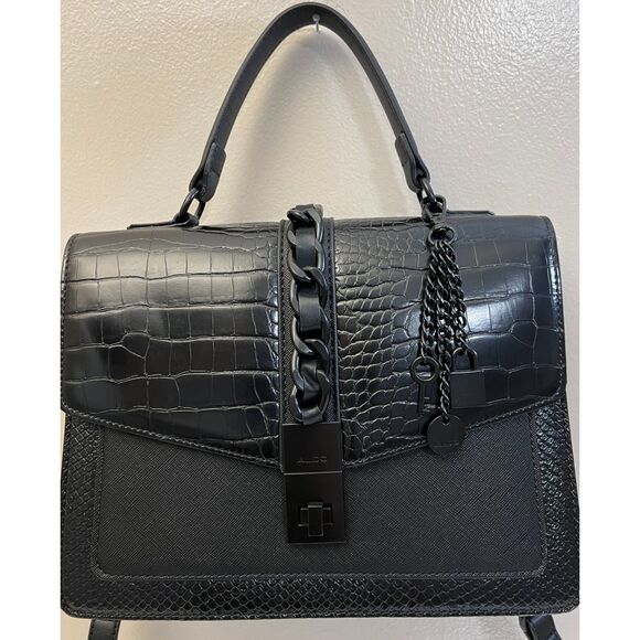 Aldo black croc embossed faux leather top handle satchel with crossbody strap - Picture 2 of 11